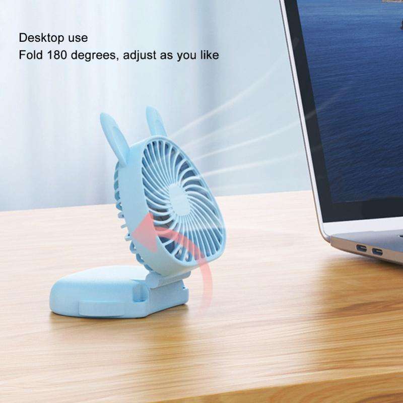 Portable Neck Hanging Fan Foldable USB Rechargeable Mini Handheld Cute Bunny Desk Fan With Lanyard For Office Outdoor White