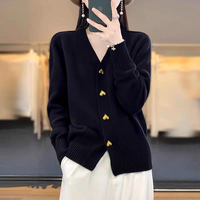 Chic Knit Cardigan: Solid Color V-Neck with Heart-Shaped Buttons, Long-Sleeve, Loose Fit Sweater Coat for Autumn/Winter