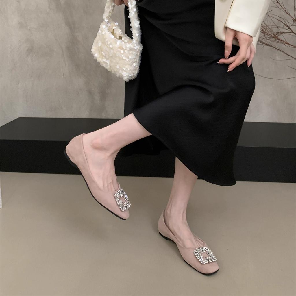 French Square Head Rhinestone Shallow Mouth Single Shoes Women's 2025 New Spring and Autumn Beanie Shoes Flat Laden Shoes Mary Jane Evening Shoes
