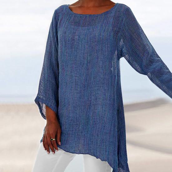 Casual Solid Color Long Sleeve Irregular T-Shirt Women Cotton Linen Tunic Top