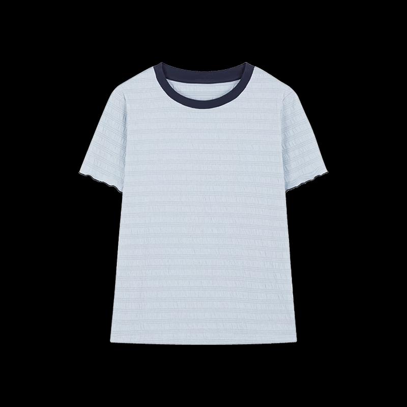 Women's Textured Ruffle Trim Color Block Slim Fit T-shirt