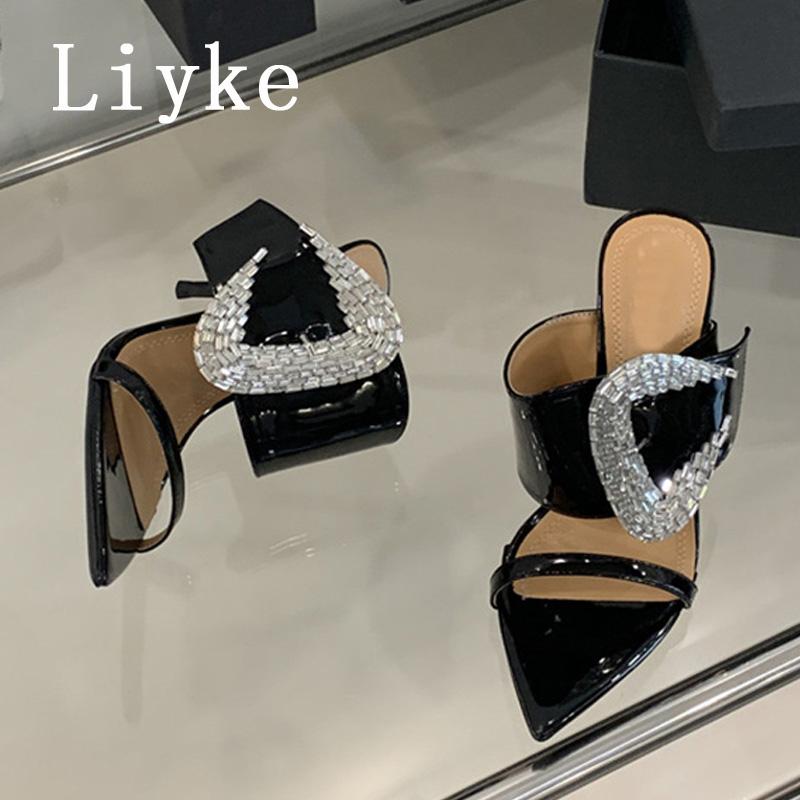 Fashion Liyle Elegant Pointed Toe Patent Leather Sexy High Heels Mules Women Slippers Crystal Rhinestone Buckle Designer Shoes Sandals
