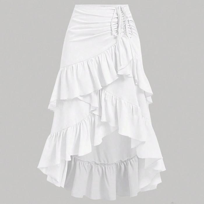 Women Spring Fall High Waist Gathered Bodycon Skirt with Ruffle Hem & Draped Detail