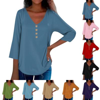 Women's Fashion Button Down Collar Loose Casual Solid Color 3/4 Sleeve T-Shirt Top