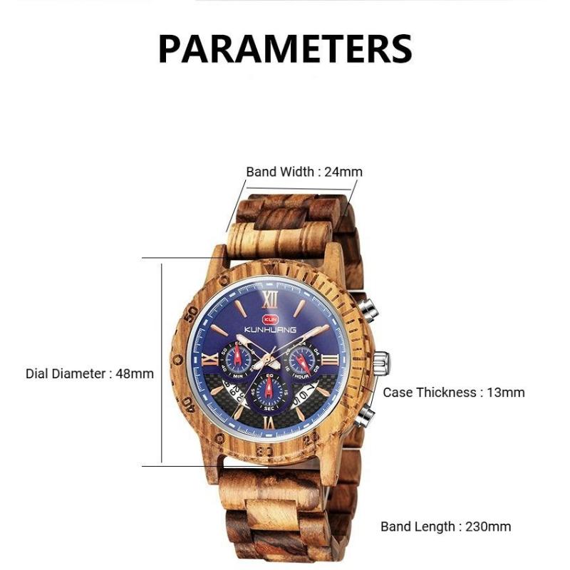 Men Natural Walnut Wood Watch Multifunctional Chronograph Quartz Wristwatch Roman Numeral Dial Sport Wooden Band Watch