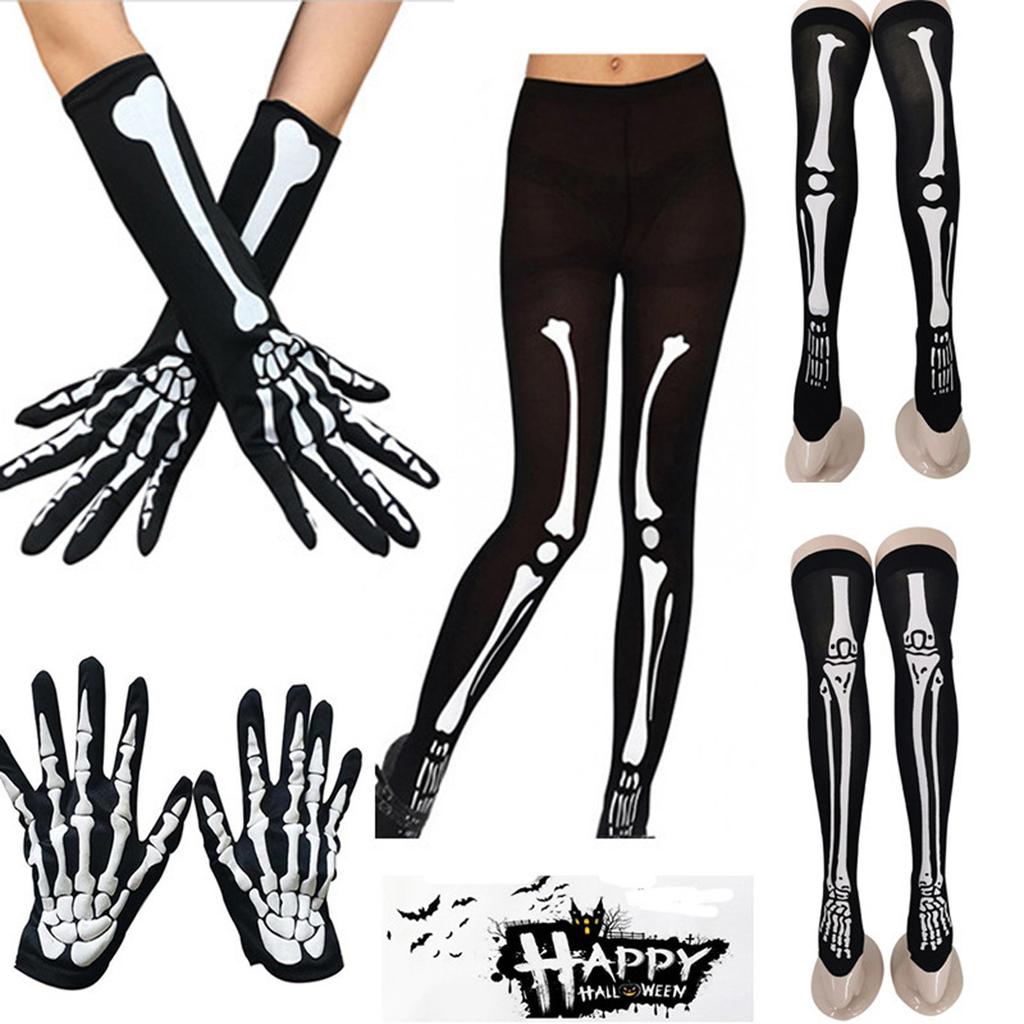 Women's Halloween Scary Skeleton Print Party Gloves Socks Set Two-piece Suit