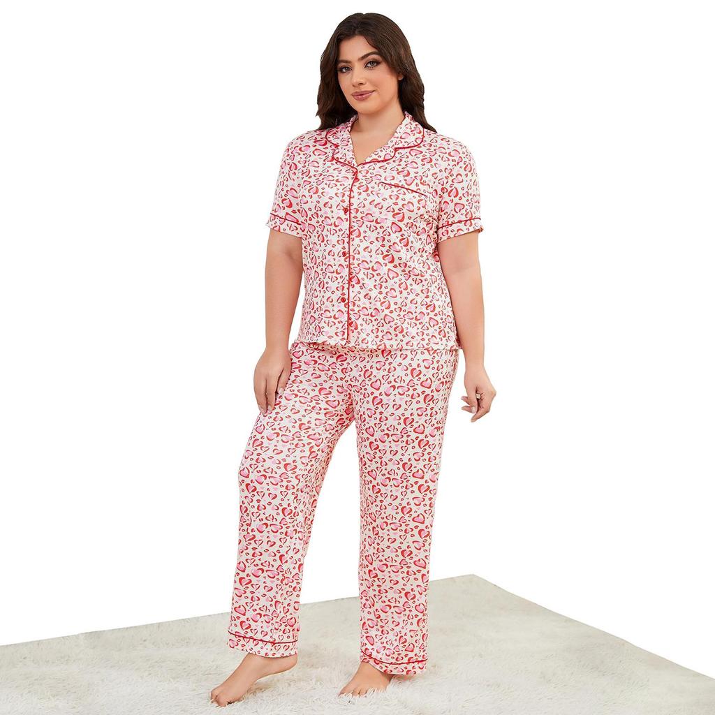 Women’s Plus Size Pajamas Heart Printed Short Sleeves Lapel Button-up Shirts Long Pants 2pcs Sleeping Suits Spring Summer Home Casual Wear