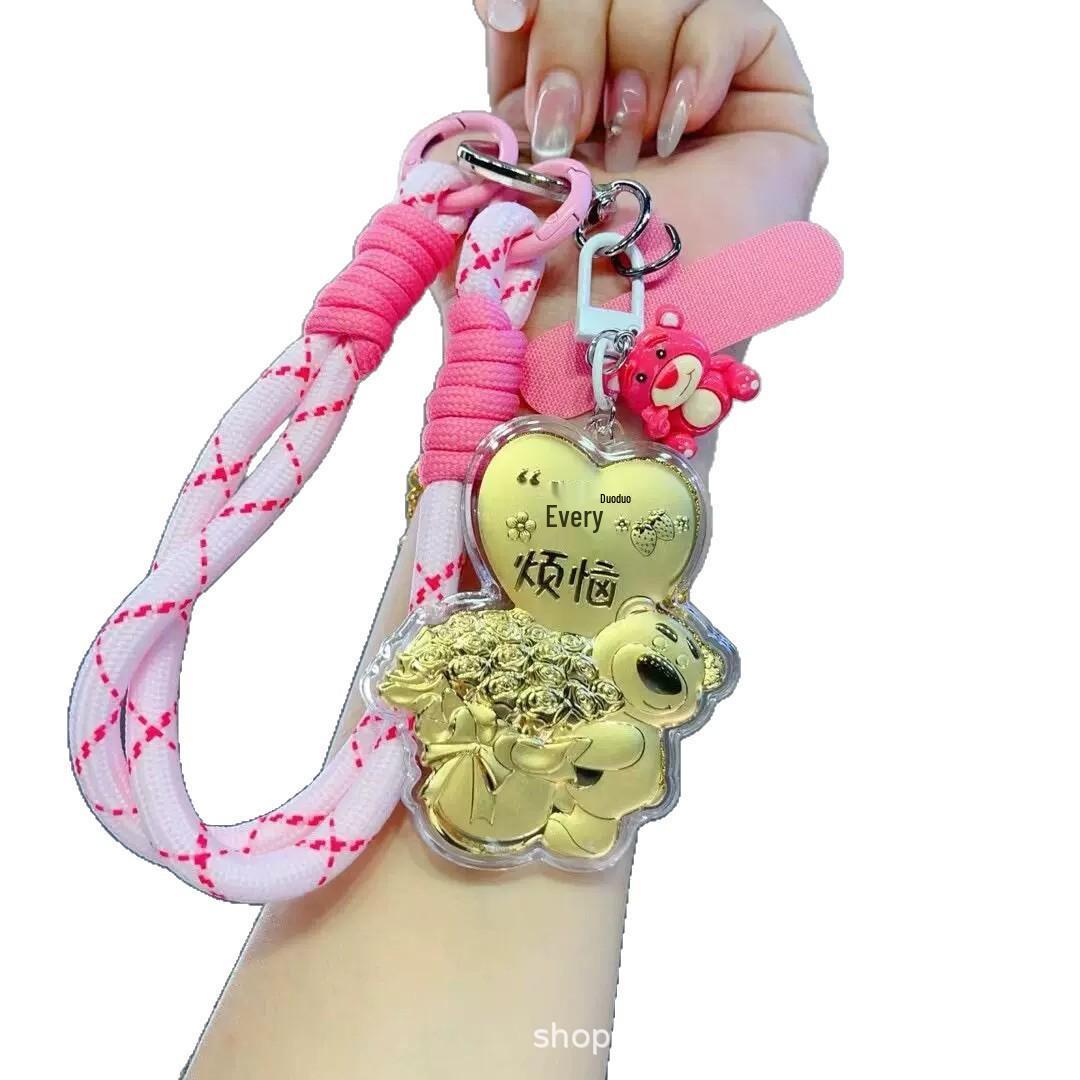 

999 Pure Gold Strawberry Bear Charm Pendant: Cute Cartoon Keychain & Lanyard Gift Lotso Bear Gold Chain Keychain