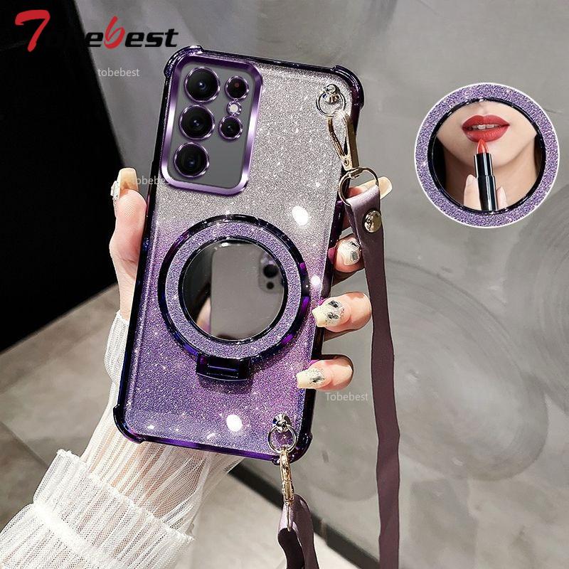 

Блестящий противоударный чехол с гальваническим покрытием и ремешком через плечо для Samsung Galaxy S25 S24 S23 S22 S21 S20 Ultra FE Plus с зеркальным держателем S20 FE фиолетовый