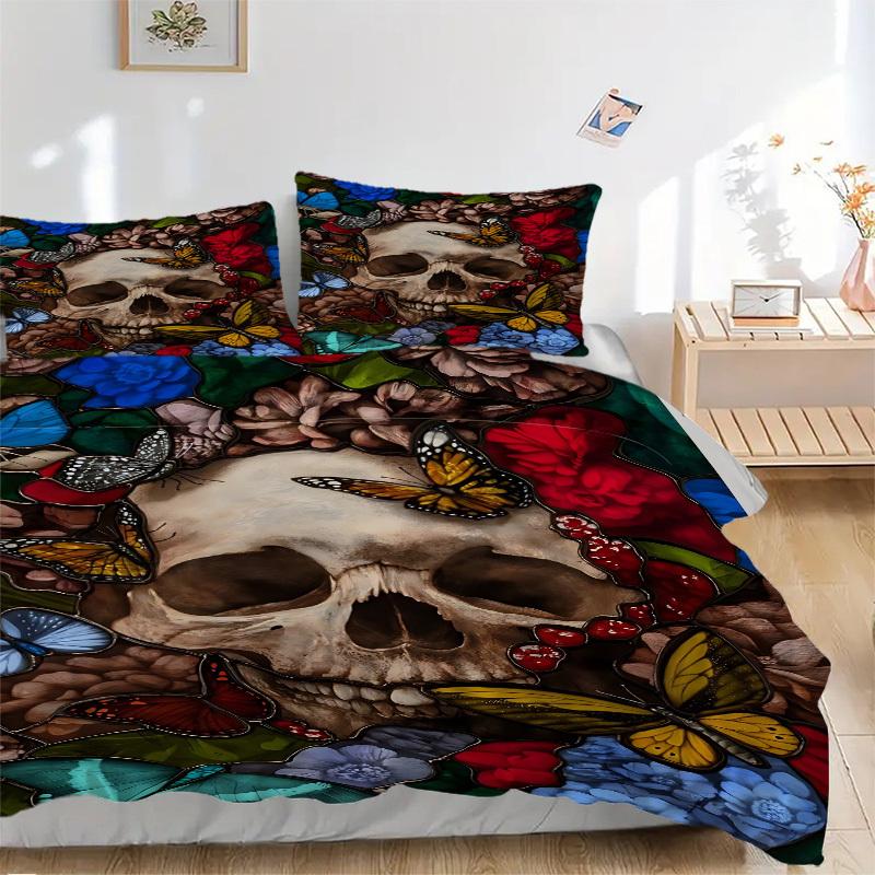 

3pcs Stained Glass Skull Duvet Cover Set, Cover For Bedroom Guest Room (1 Duvet Cover + 2 Pillowcase, Without Quilt), yy250922113 135x200cm