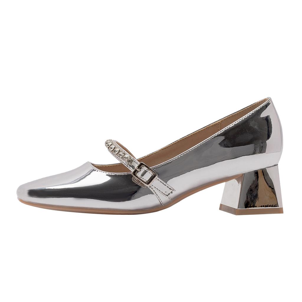 Silver Mary Jane Women's Single Shoes, High Temperament, Spring and Summer New Middle Heel Square Head Princess Light Mouth Shoes Children