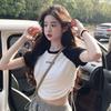 American Sweet Spice Girl Contrast Color Crew Neck Front Shoulder Short Sleeve T-Shirt Women's Spring Summer Skinny Irregular Drawstring Top