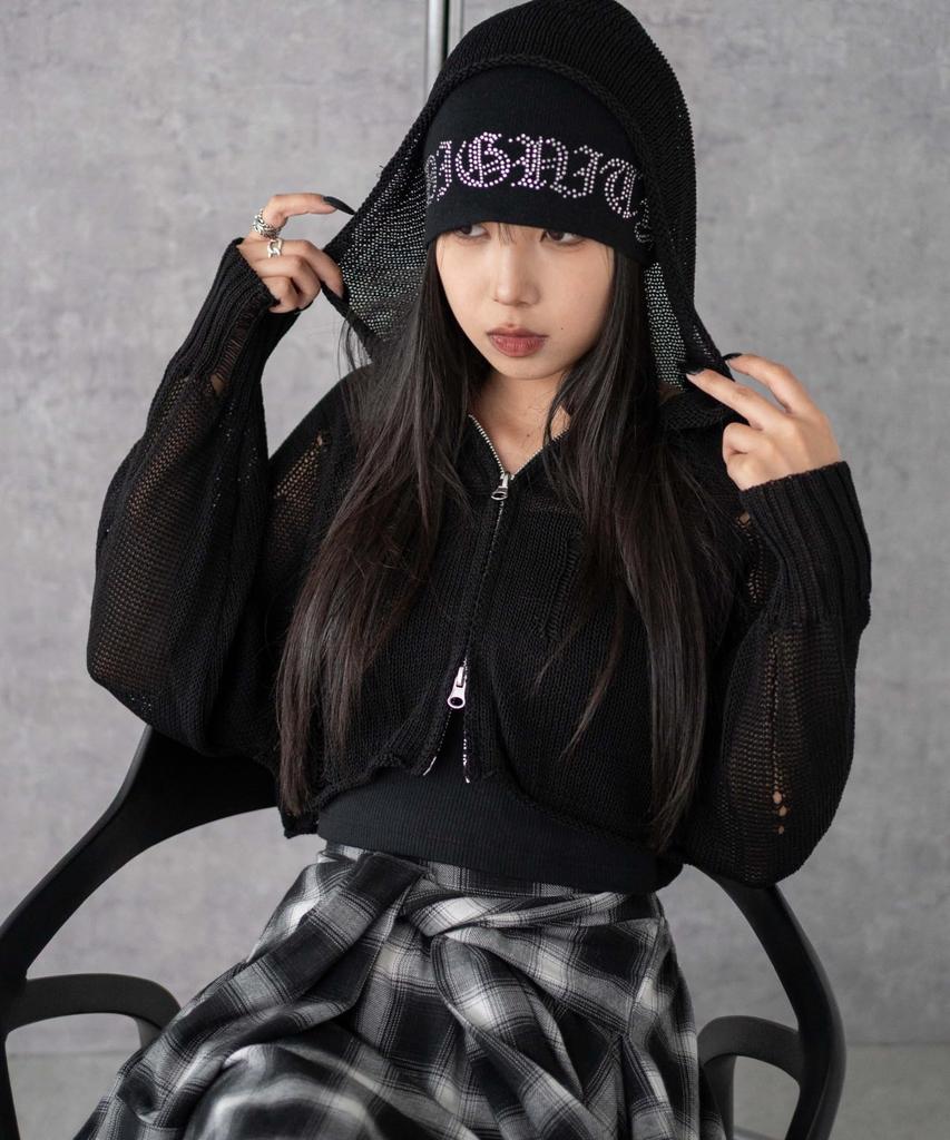 WEGO Korean Distressed Mesh Short Size Black Women's Hoodie, F,