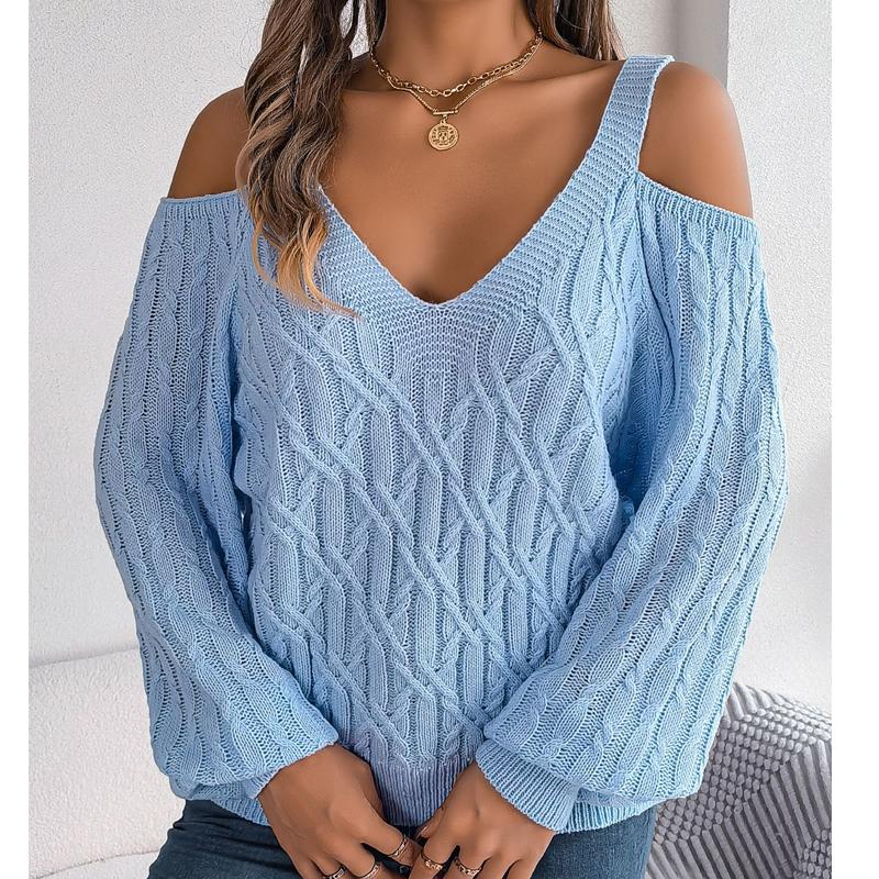 

Винтажный вязаный свитер с длинным рукавом, повседневный однотонный свитер с открытыми плечами, зимняя одежда, модная женская одежда, джемпер 30105 L светло-синий