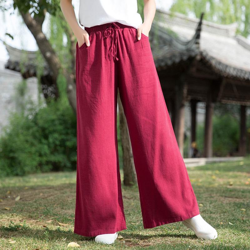 Cotton and Linen Lace-up Trousers Women's Retro Loose Women's Trousers Wide-leg Pants