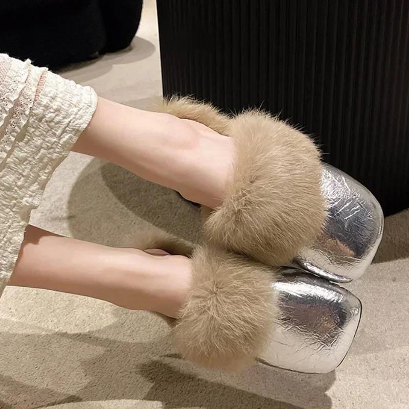 Mules Women Slippers 2025 Trend Fur Warm Soft Woman Shoes Square Toe Flats Casual House Cotton Shoes Winter Walking Cozy Boots