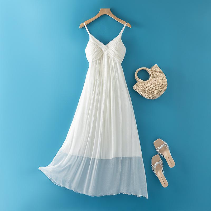 Women s Bohemian Silk Spaghetti Strap Long Beach Dress - Solid Color M