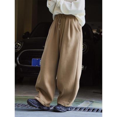 Women's Winter Korean-Style Casual Elastic Waist Loose Sweatpants with Deconstructed Design and Velvet Lining