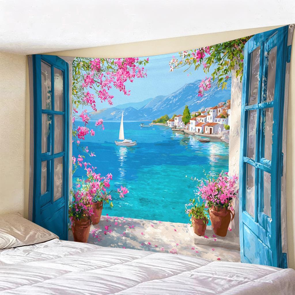 Window View Tapestry Wall Hanging, Scenic Nature Landscape Backdrop, Artificial Window Wall Decor for Bedroom Living Room