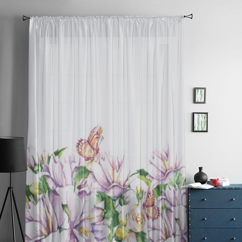 Watercolor Flowers Butterflies Sheer Curtains For Bedroom Living Room Kitchen Window Voile Tulle Drapes