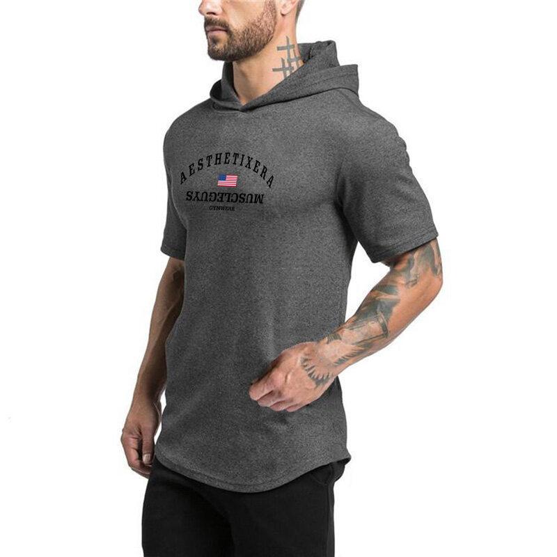 Muscleguys Neues Bodybuilding-T-Shirt mit Kapuze für Männer im Fitnessstudio, Sweatshirts, kurzärmliges Baumwoll-Sportwear-Fitness-T-Shirt, Muskel-T-Shirt