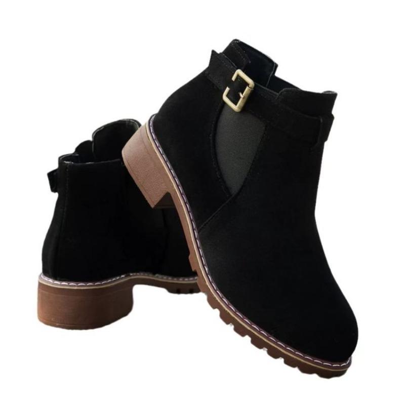 Large size women's new belt buckle round head square heel short boots women's Martin boots