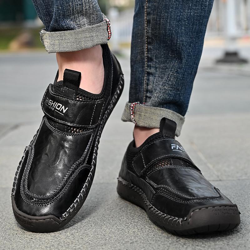 Summer Men's Leather Casual Shoes Breathable Handmade Mesh Shoes