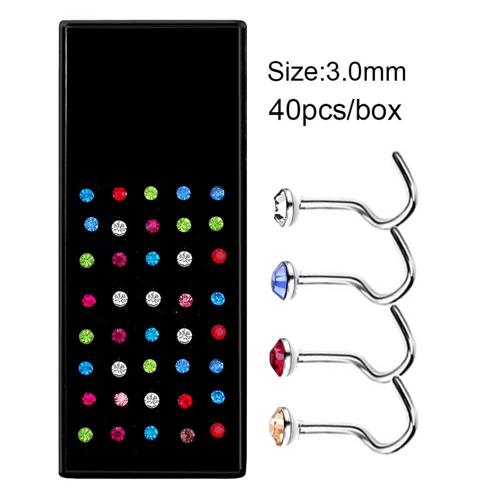 60 Stainless Steel L-Shaped Nose Studs (1.5/2.0/2.5mm) with Diamond Inlay Curve Nose Rings