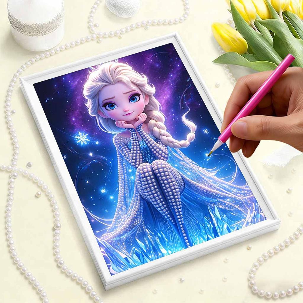 Chibi Starry Ice Elsa New Pearl-Inlaid Frameless Art | Handmade Pearl Craft, Dreamy Starry Ice Theme, for Cute Girly Frozen Style Home Decor