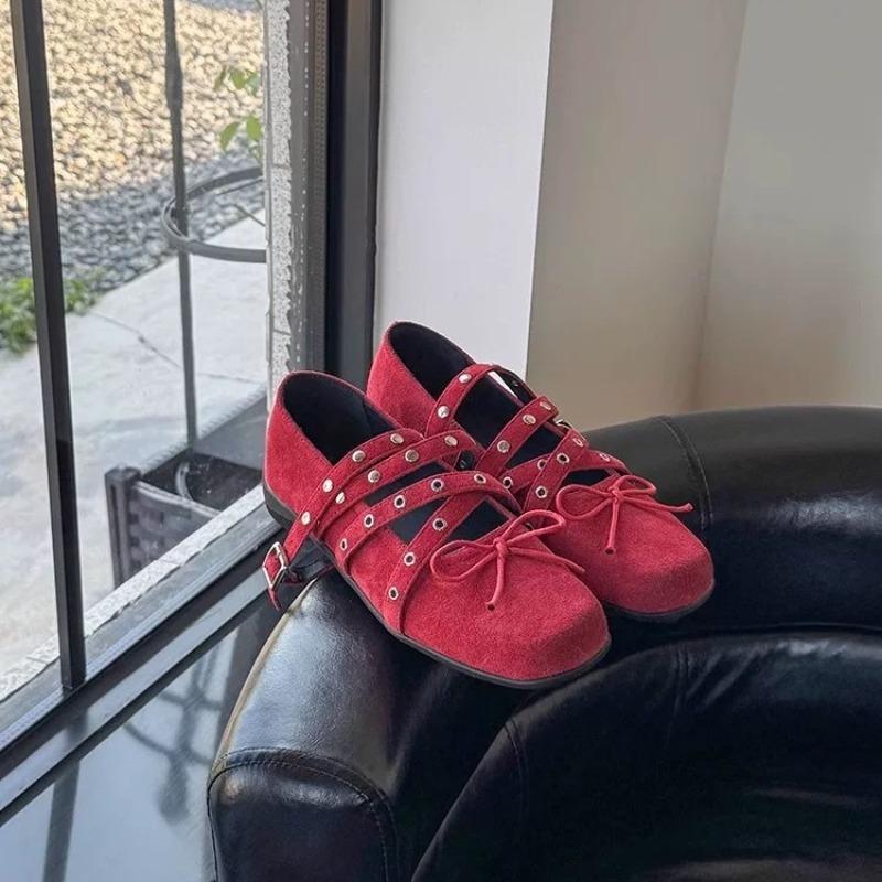 Edition~ Red Bow Small Single Shoes Women's Spring and Summer Leather Retro Shallow Rivet Ballet Flats