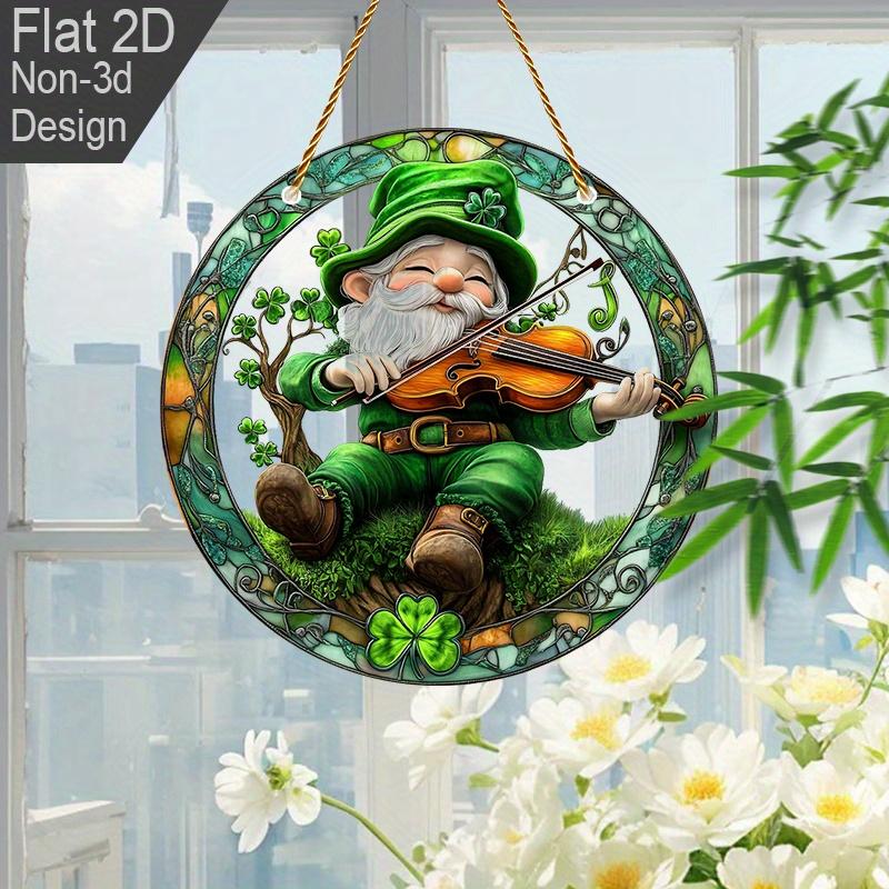 2D Flat St Patrick'S Day Gnome Fiddle Acrylic Decoration Sign, Shamrock Gnomes Design, Suitable for decoration, Wall, porch, Room, Villa, accents Home