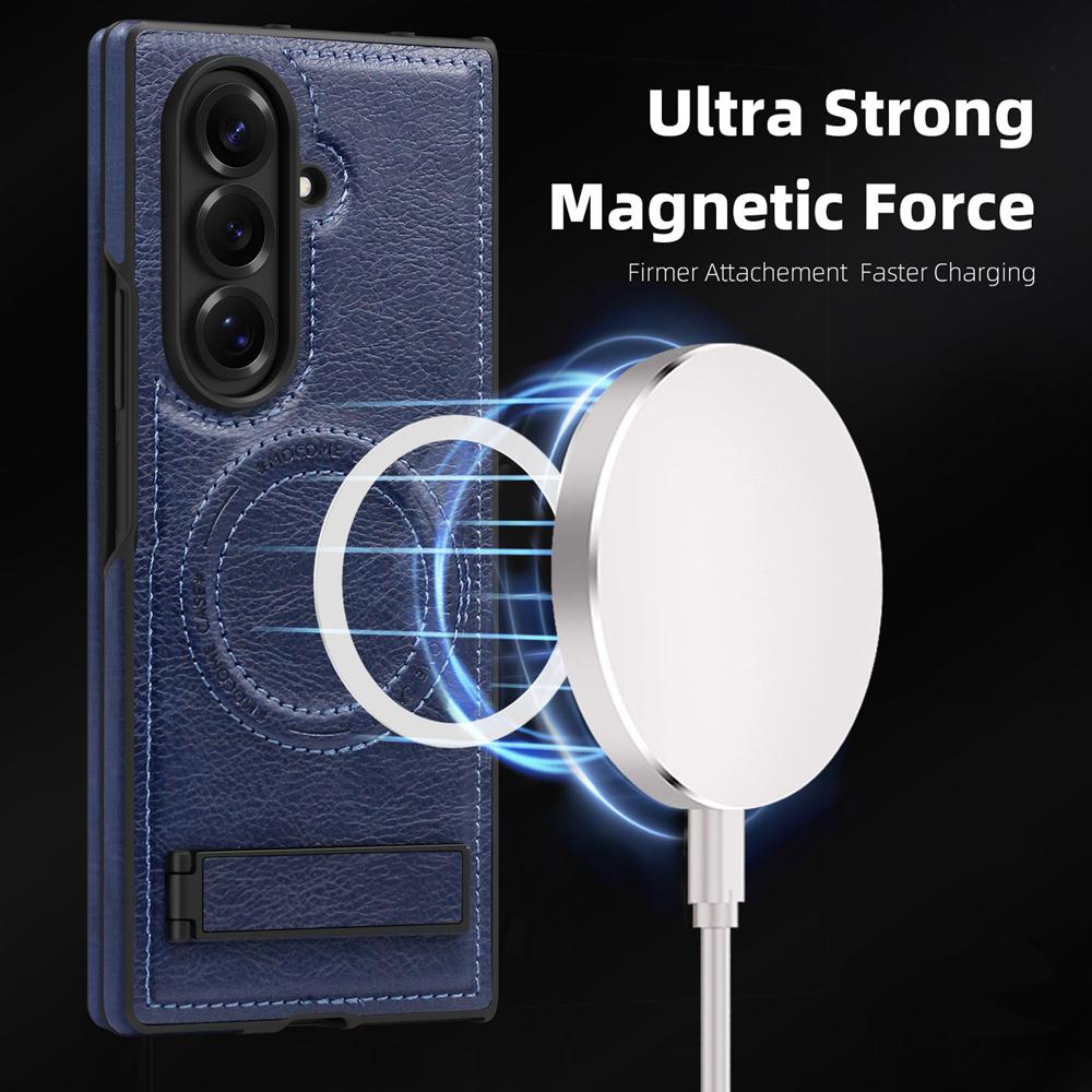 KEYSION Luxus PU Leder Magnetische Hülle für MagSafe für Samsung Galaxy Z Fold 7 5G Ständer Kabelloses Laden Handy Rückseite