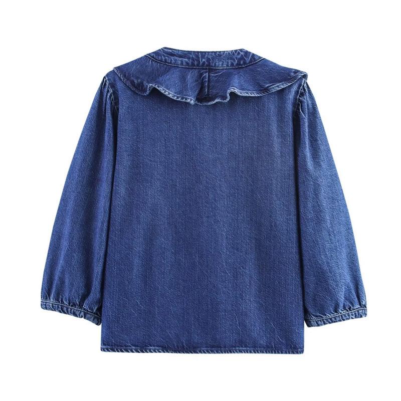 Women's Casual Fashion Lace Trim Denim Shirt - Elegant and Versatile