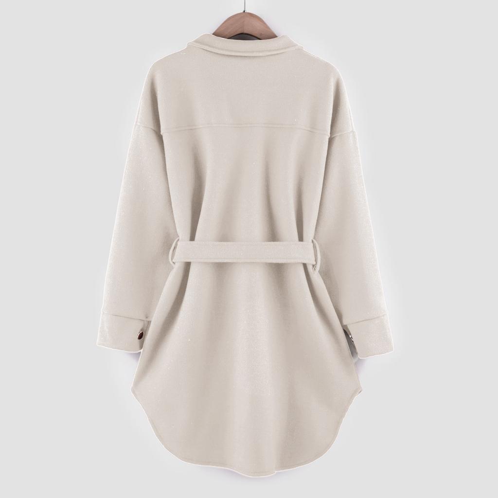 Einreihige, langärmlige Wolljacke für Damen mit einfarbigem Gürtel und Taschen