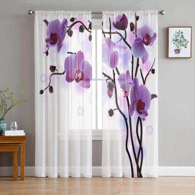 Purple Orchid Flower Tulle Sheer Window Curtains For Living Room The Bedroom Modern Chiffon Voile Curtains Fabric Drapes
