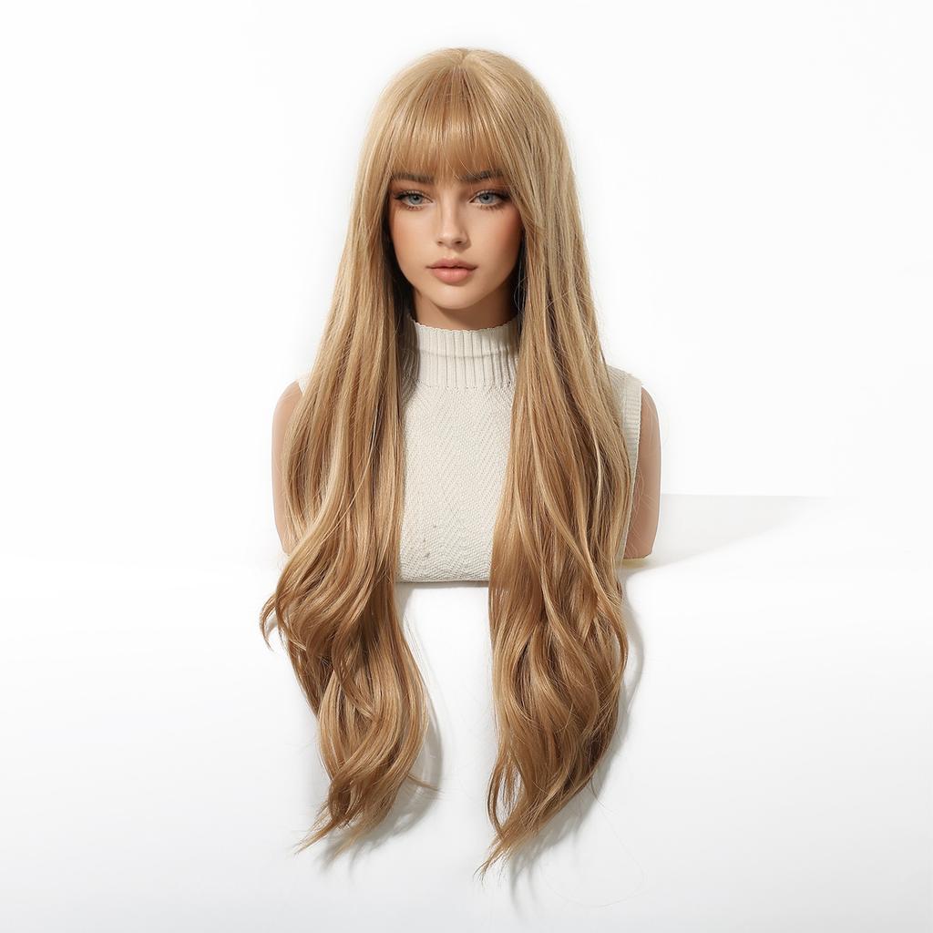Long Golden Blonde Wave Synthetic Wigs with Bangs for Women Golden Brown Natural Cosplay Costume Daily Hair Wigs Heat Resistant