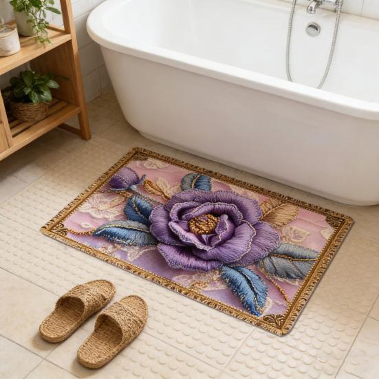 Floor Mat Non-Slip Rubber Backing Absorbent Quick-Drying Bath Rug Retro Style 3D Flower Pattern Kitchen Shower