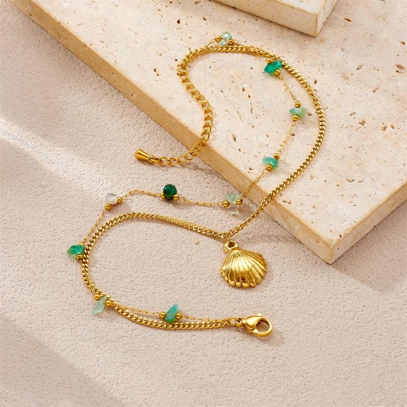 Gold Plated Layered Shell Anklet, Dainty Green Stone Beaded Foot Bracelet with Seashell Charm, Boho Beach Jewelry for Women Gift