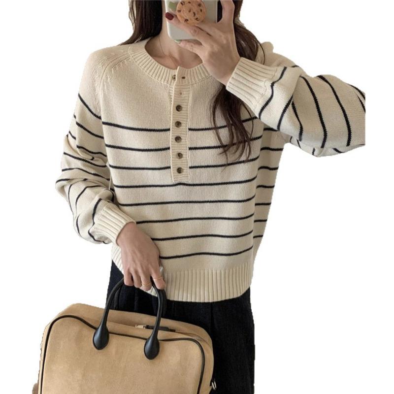 Striped pullover sweater women's autumn and winter new round neck casual versatile bottoming knitted sweater