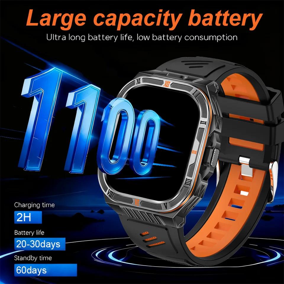 New 1100mAh Battery Outdoor Ultra Durable Men Smartwatch Flashlight Heart Rate Bluetooth Call IP68 Waterproof Sports Smart Watch