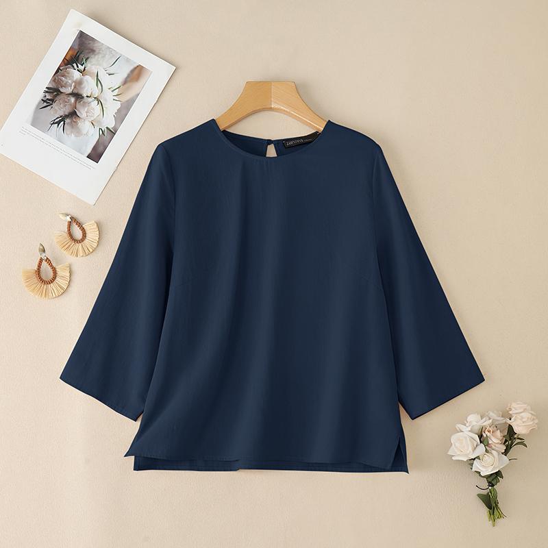 ZANZEA Women Casual Round Neck Solid Color 3/4 Sleeve Loose Blouse