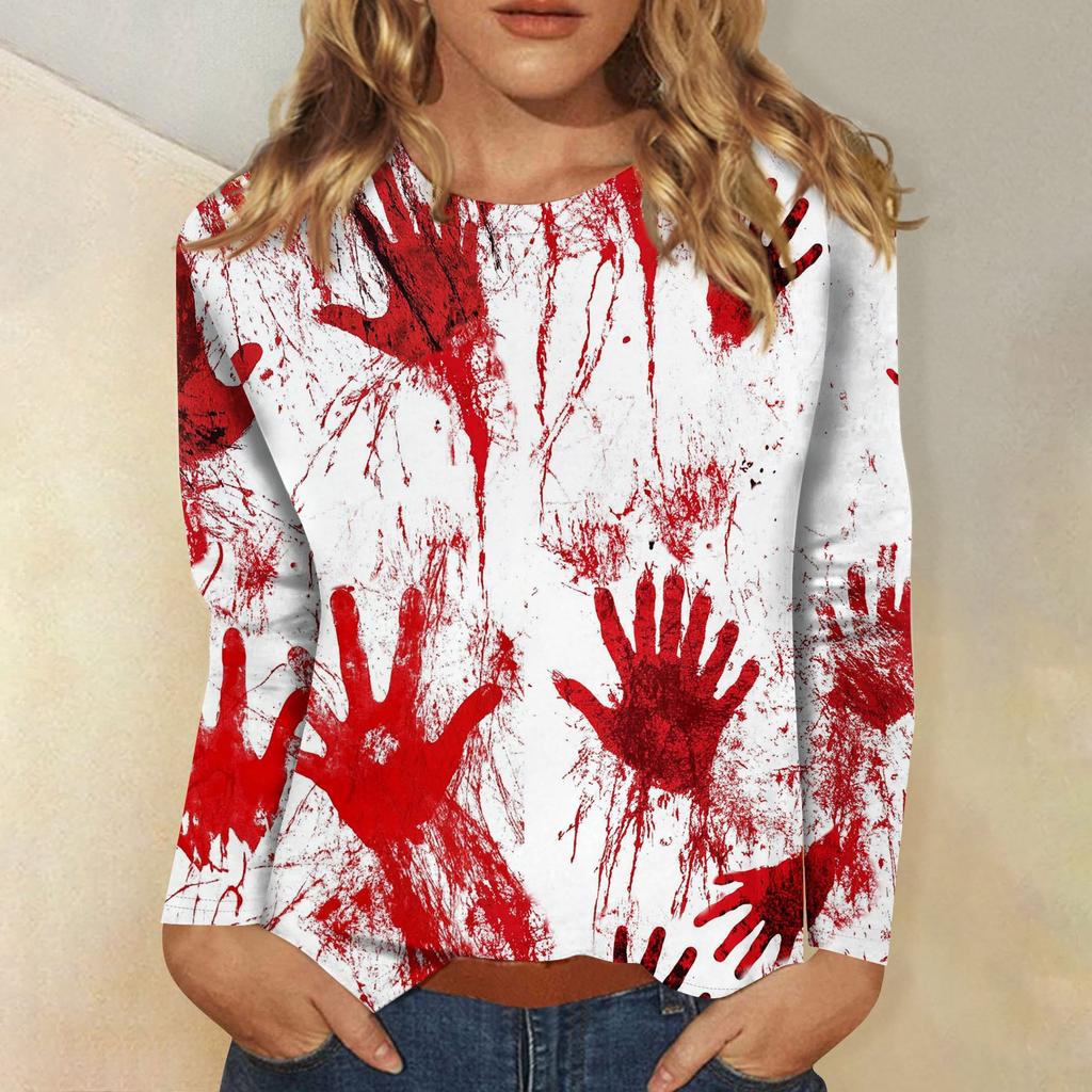 Women's Long-sleeved Loose-necked Halloween Print Casual Top, Suitable for Holiday Parties