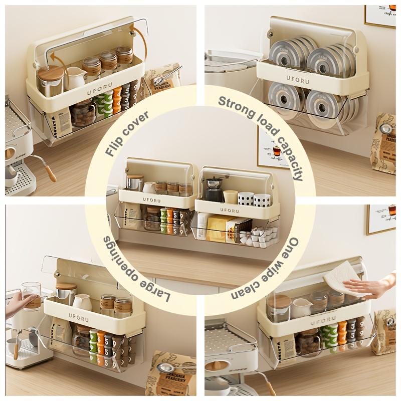 Wall-Mounted Tea Bag Shelf , Multi-Function Dustproof Cup , Capsule Organizer with Flip,Top Lid, Contemporary White Plastic Storage Rack for Office
