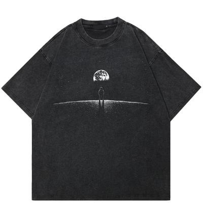 Streetwear Mond Astronaut Grafik Unisex T-Shirt Baumwolle Gewaschen Schwarz T-Shirt Oberteile T-Shirts Kurze Ärmel T-Shirt