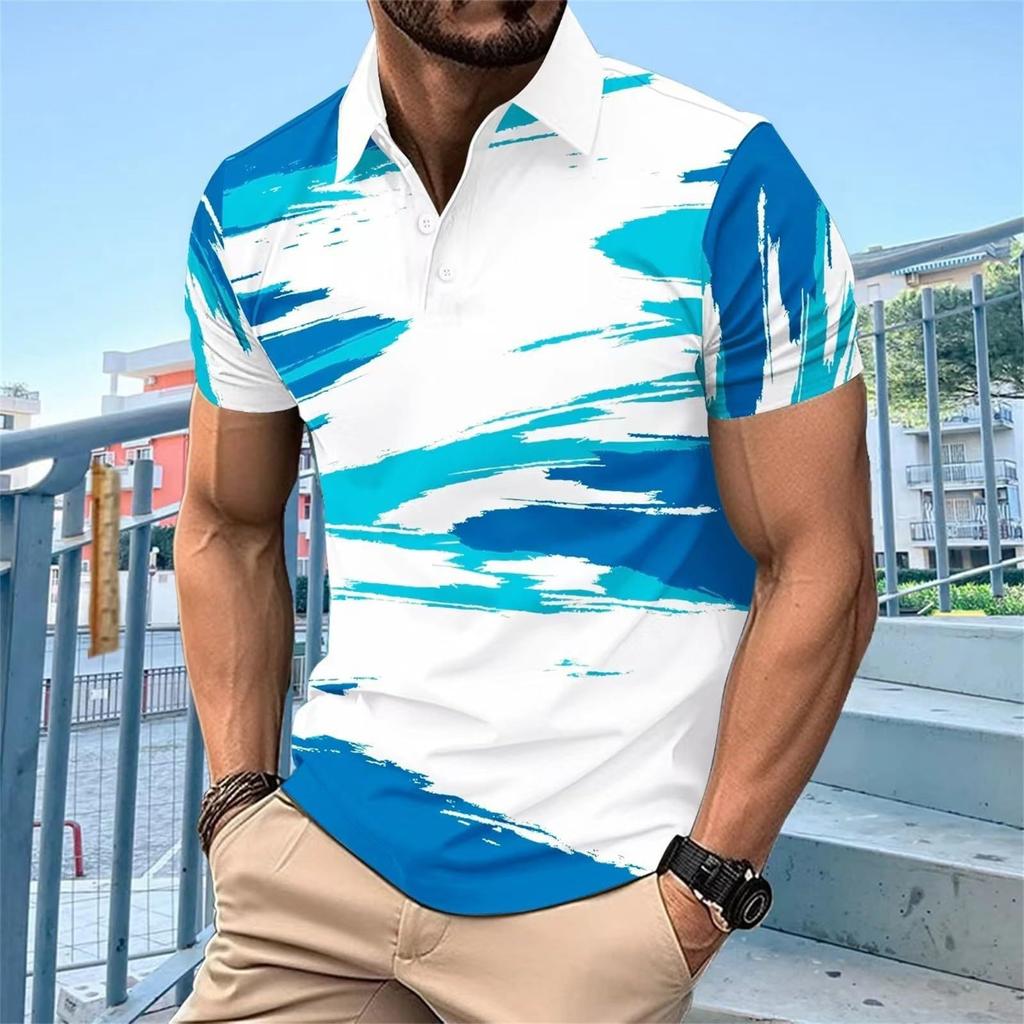 Casual Essential: Geometric Print Short Sleeve Polo Shirt for Men