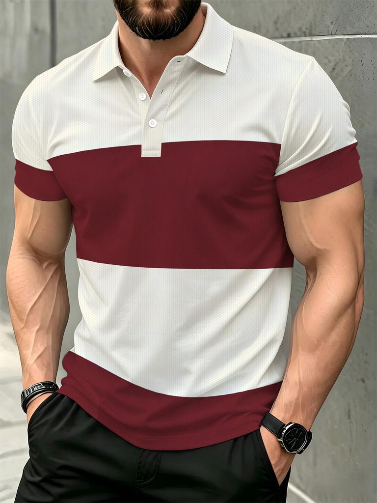 Men's Outdoor Polo Shirt, Available in Multiple Sizes, White with Burgundy Contrast Color Print, Simple Color-block Design. Men's Top Suitable for