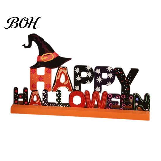 Creative Festival Table Signs Wooden Halloween Ornament, Trick or Treat/Boo/Happy Desktop Decoration Decorative Wood Lettering with Ghost Wizard