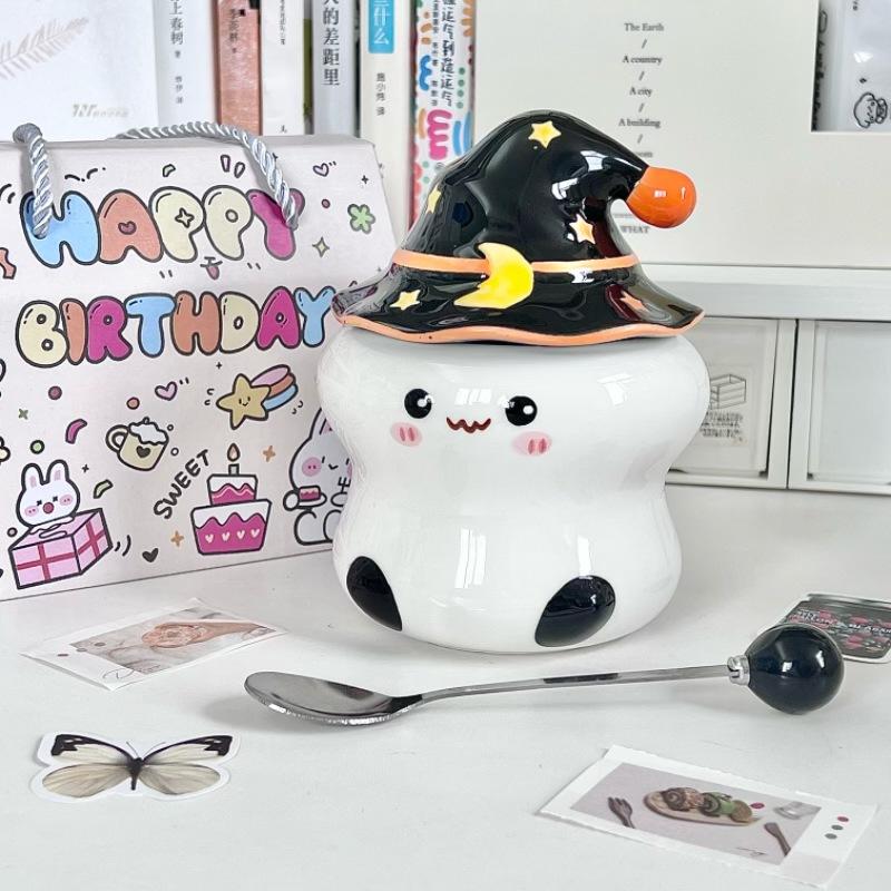Cute ghost mug with lid spoon high value girl birthday gift office ceramic water cup souvenir