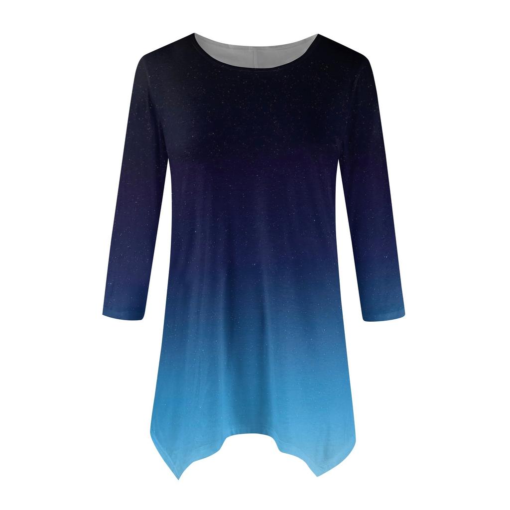 Women's Fashion Casual Crew-neck Gradual Print Seven-point Sleeve Shirt Belted Loose Comfortable Top