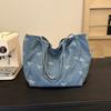 Women's Denim Tote Bag with Bow Detail Multifunctional Shoulder Backpack Hand Washable No Edge Paint